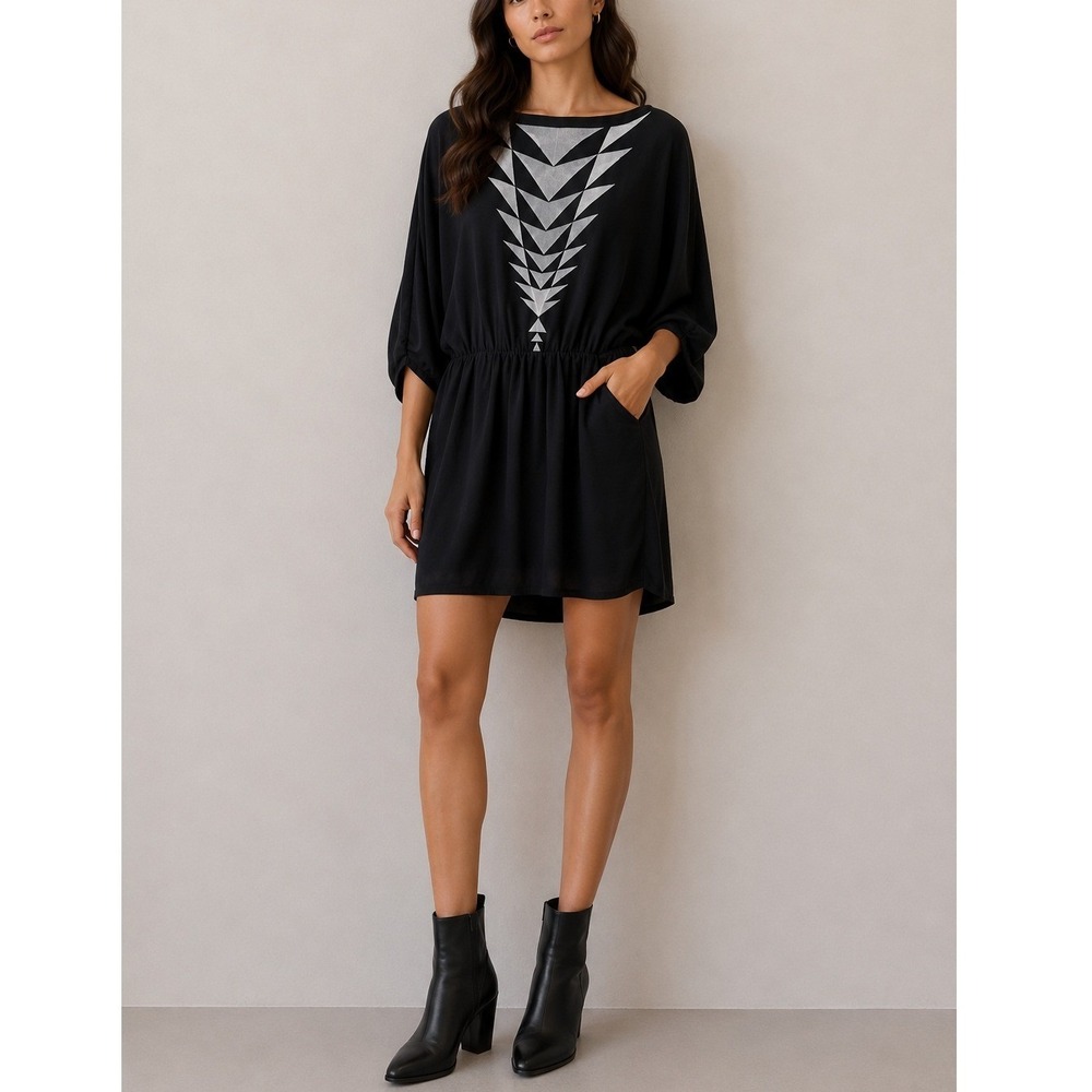 Parker Black Silk Metallic Geometric Dolman Sleeve Y2K Mini Dress | Size M